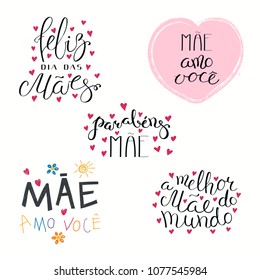 Set of hand written Mothers Day lettering quotes in Portuguese, with hearts. Isolated objects on white background. Vector illustration. Design concept for banner, greeting card.