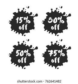 Set of hand written percent discount offers inside black inky blots. Based on ink and brush artwork. Isolated on white background. Clipping paths included.