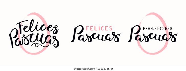 Set of hand written quotes Felices Pascuas, Happy Easter in Spanish, with egg outline. Isolated objects on white background. Hand drawn vector illustration. Design concept, element for card, banner.