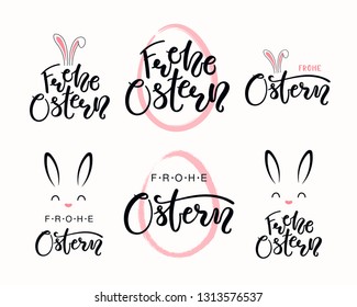 Set of hand written quotes Frohe Ostern, Happy Easter in German, with egg outline, bunny face. Isolated objects on white background. Hand drawn vector illustration. Design concept for card, banner.