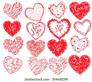 set of hand written red love hearts. Be mine, I love you, dotted, lined, doodle elements
Vector illustration