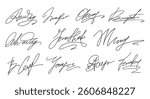 Set of Hand written signature. Different example signatures isolated in white background. Collection of signatures, handwriting, autographs. Vector illustration set of hand drawn name imprint.