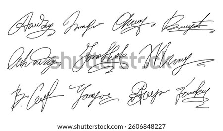 Set of Hand written signature. Different example signatures isolated in white background. Collection of signatures, handwriting, autographs. Vector illustration set of hand drawn name imprint.