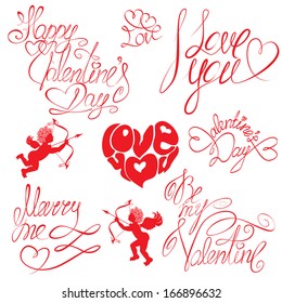 Set of hand written text: Happy Valentine`s Day, I love you, Marry me, etc. Calligraphy elements for holidays or wedding design  in vintage style. 