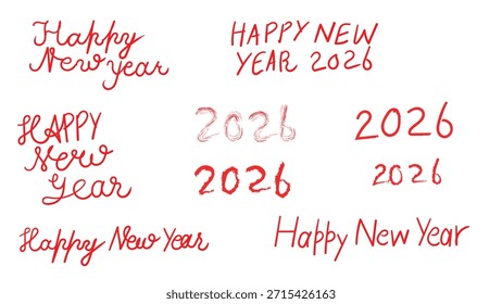 conjunto de mão escrito texto feliz ano novo e número 2026 para cartões de saudação de ano novo  