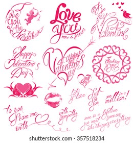 Set of hand written text: Happy Valentine`s Day, I love you, Be my Valentine, etc. Calligraphy elements for holidays or wedding design in vintage style, hearts, birds, angels. 