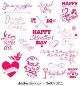 Set of hand written text: Happy Valentine`s Day, I love you, Love in the air, etc. Calligraphy elements for holidays or wedding design in vintage style, hearts, birds, angels. 
