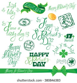 Set of hand written text: Happy St. Patricks Day, Good luck, etc. Calligraphy elements for holiday design in vintage style, grunge rubber stamps, shamrock, gold coin. Isolated on white background.