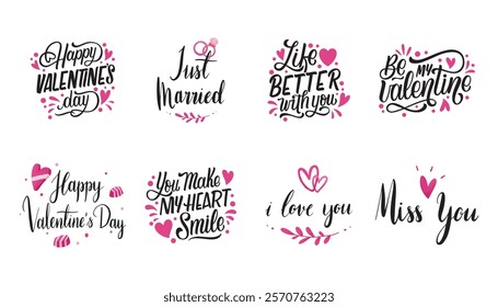 Set of hand written Valentine's day quotes, greetings and phrases. Hand drawn lettering. 14 february, love, romantic