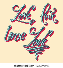 Set of hand written Valentine's day word in blue and red over beige background. Love lettering in misc styles.