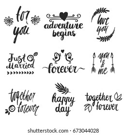 Set of hand written wedding phrases, words of love isolated on white background