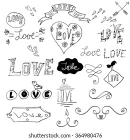 Set of hand written words. Love lettering. Vector text for your design isolated on white background. Used for greeting cards, posters and print invitations. Happy Valentine's Day greeting card.