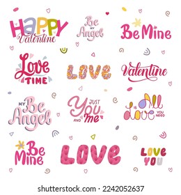 Set of hand written words for Valentines day. Hand drawn lettering. For scrapbooking, greetings, DIY projects.