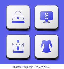 Set Handbag, 8 March, King crown and Woman dress icon. White square button. Vector