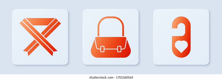 Set Handbag, Breast cancer awareness ribbon and Please do not disturb with heart. White square button. Vector