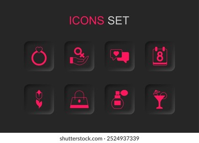 Set Handbag, Female gender symbol, Diamond engagement ring, Perfume, Calendar with 8 March, Martini glass, Heart speech bubble and Flower tulip icon. Vector