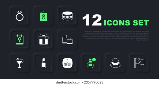 Set Handbag, Feminist activist, Gift box heart, Perfume, Calendar with 8 March, Lipstick, Greeting card and  icon. Vector