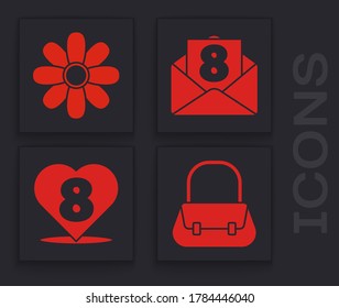 Set Handbag, Flower, Envelope with 8 March and Heart with 8 March icon. Vector