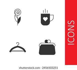Set Handbag, Flower, Hanger wardrobe and Coffee cup heart icon. Vector