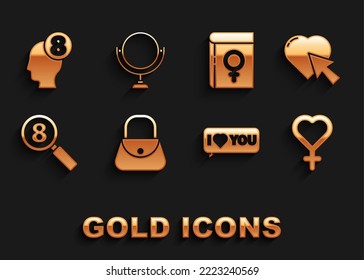 Set Handbag, Heart cursor click, Female gender symbol, Speech bubble with I love you, Search 8 March, Book about women, in human head and Round makeup mirror icon. Vector