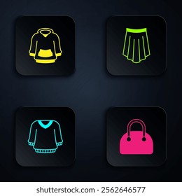 Set Handbag, Hoodie, Sweater and Skirt. Black square button. Vector