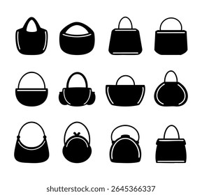 Set of handbag icon silhouette. Black and white clip art vector illustration
