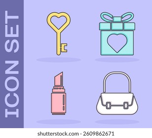 Set Handbag, Key in heart shape, Lipstick and Gift box and heart icon. Vector