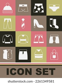 Set Handbag, Men underpants, Socks, Swimming trunks, Tie, Pants, Beanie hat and Woman shoe icon. Vector