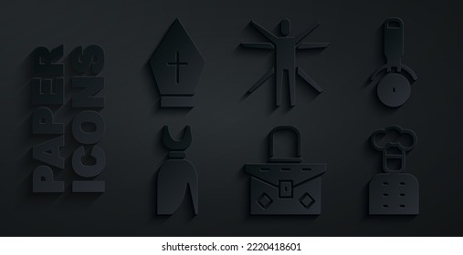 Set Handbag, Pizza knife, Woman dress, Italian cook, Vitruvian Man and Pope hat icon. Vector