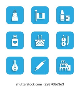 Set Handbag, Rolling pin, Coliseum Rome, Violin, Mandolin, Perfume, Lipstick and Grater icon. Vector