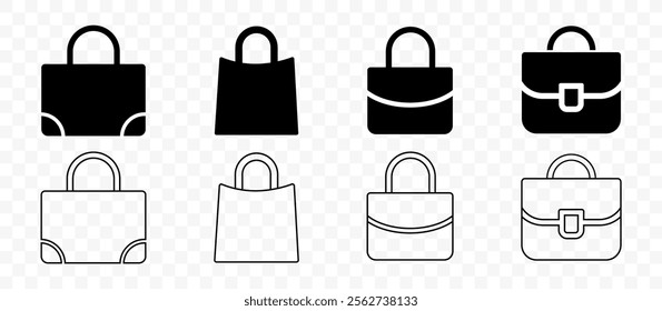 Set of Handbag and Shopping Bag Silhouettes and Outlines with Transparent Background for Fashion Design