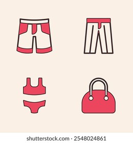 Conjunto de bolso, pantalón corto o pantalones, pantalones y traje de baño icono. Vector