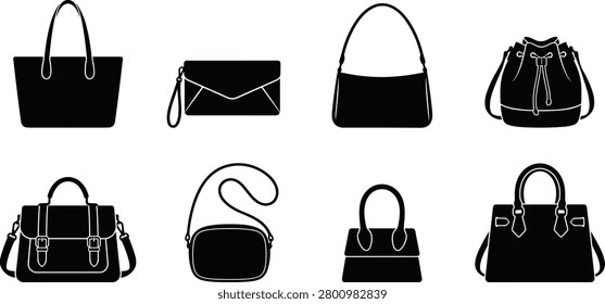 Set of Handbag Silhouettes Featuring Tote, Clutch, Shoulder Bag, Bucket Bag, Satchel, Crossbody, Chain Strap, Vintage Styles
