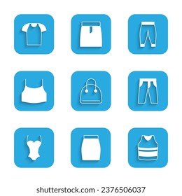 Set Handbag, Skirt, Undershirt, Pants, Swimsuit, Female crop top,  and T-shirt icon. Vector