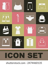 Set Handbag, Sweater, School backpack, Pants, Umbrella, Short or pants, Waistcoat and Men underpants icon. Vector