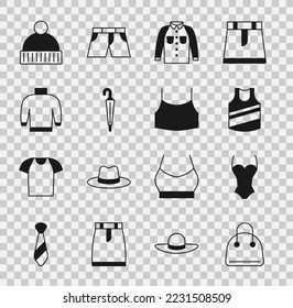 Set Handbag, Swimsuit, Undershirt, Shirt, Umbrella, Sweater, Beanie hat and Female crop top icon. Vector