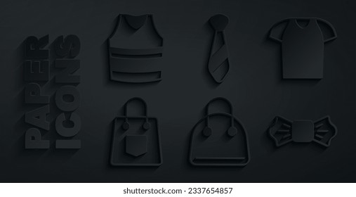 Set Handbag, T-shirt, Bow tie, Tie and Undershirt icon. Vector