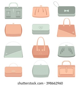 Set of handbags of neutral color on a white background.