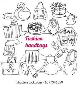 A set of handbags. Vector isolated objects doodles based on hand drawn sketch for design