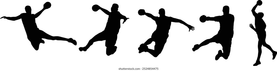 Set of handball player silhouette. Men playing hand ball full body illustration.