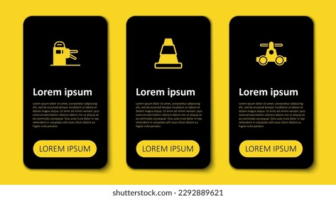 Set Handcar transportation, Traffic cone and Turnstile. Business infographic template. Vector