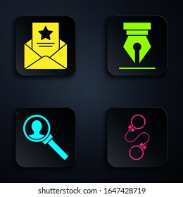 Set Handcuffs, The arrest warrant, Magnifying glass for search and Fountain pen nib. Black square button. Vector