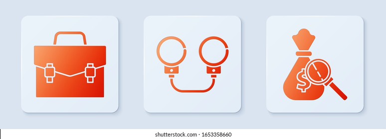 Set Handcuffs, Briefcase and Money bag and magnifying glass. White square button. Vector