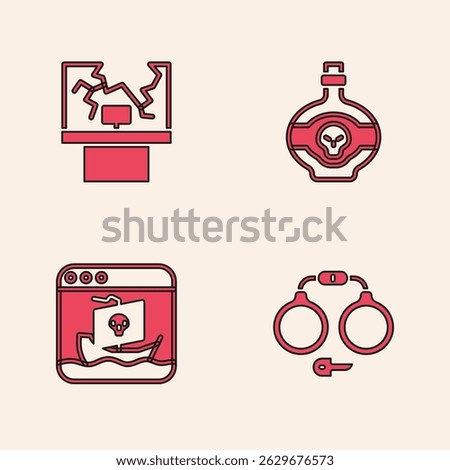 Set Handcuffs, Broken window, Poison bottle and Internet piracy icon. Vector