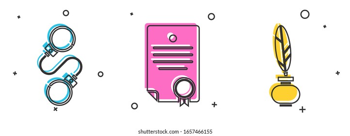 Legen Sie Handschellen, Zertifikatsvorlage und Feder- und Tintensymbol fest. Vektorillustration