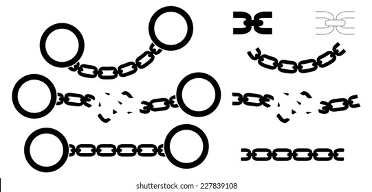 Set of handcuffs, chains and chain brush. Black color vector illustration isolated on white 