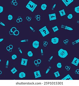 Set Handcuffs, Dagger, Mystery box and Magic runes on seamless pattern. Vector