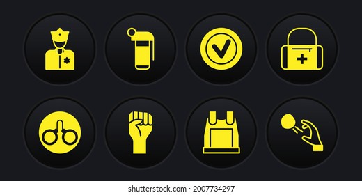 Set Handcuffs, First aid kit, Raised hand with clenched fist, Bulletproof vest, Check mark in round, grenade, Hooligan shooting stones and Police officer icon. Vector