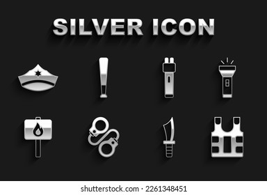 Set Handcuffs, Flashlight, Bulletproof vest, Military knife, Protest, Police electric shocker, cap with cockade and Baseball bat icon. Vector