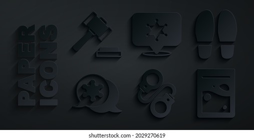 Set Handcuffs, Footsteps, Hexagram sheriff, Plastic bag of drug,  and Judge gavel icon. Vector